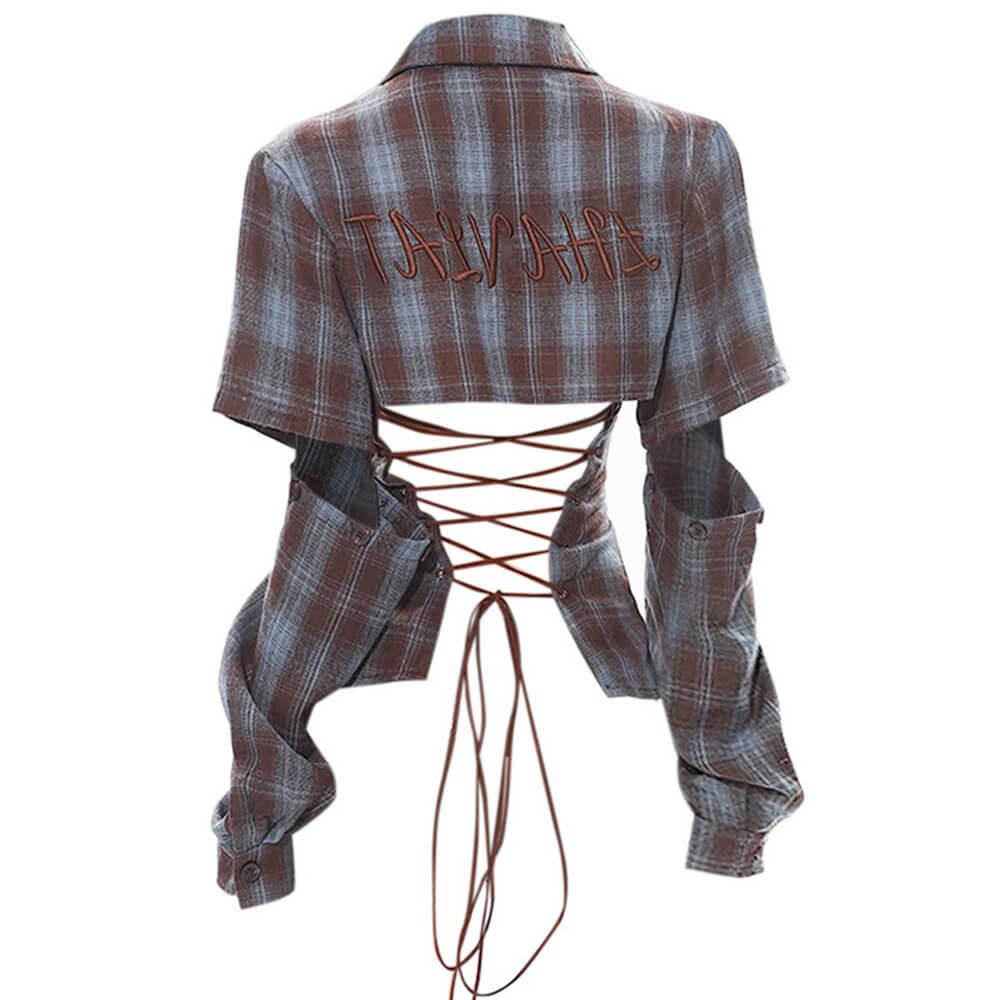 y2k western lace up backless plaid shirt boogzel clothing