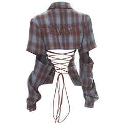 y2k western lace up backless plaid shirt boogzel clothing