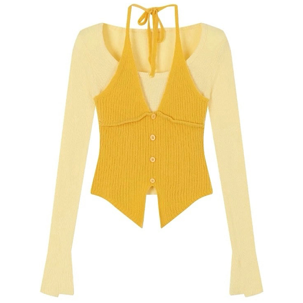 yellow layered knit halter top boogzel clothing